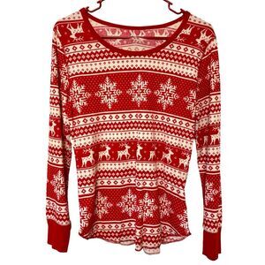 Old Navy Reindeer Snowflake Red White Henley Size M